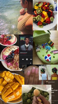 a collage of pictures with different foods and people in the middle one has a cell phone