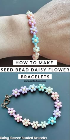 I will teach you how to make three styles of seed bead daisy flower bracelets in this post. These tutorials are super easy Flower Bead Friendship Bracelet, How To Bead Flowers Bracelet, Flower Bracelet Pattern Beads, How To Do A Beaded Flower, Flower Bracelets Beads, Daisy Beaded Bracelets Diy, How To Make The Flower Bracelet, Making Flower Bracelets, Beaded Bracelets Diy Flower