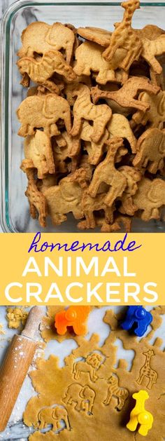 homemade animal crackers in a glass dish with the words homemade animal crackers on it