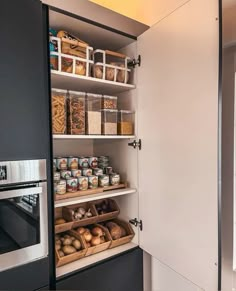 an open pantry with food items in it