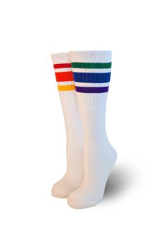 Whether your child is on the soccer field or attending a rainbow party, their unique style will be sure to turn heads with our collection of colorful, funky, and happy tube socks! These fun tube socks are approximately 14 inches and are made for KIDS. Expect them to be: -knee-high for kids ages 5 to 7 -mid-calf for kids ages 8 to 10 years old -few inches above the ankle for most adults Material: 75% Ring Spun Cotton, 14% Nylon, 7% Acrylic, 4% Spandex and proudly made in the USA! Tube Socks, Self Discovery, Infants, Thigh Highs, Over The Knee, Unique Style, Socks, Color