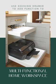 an advertisement for a multi - functional home workspace with the words use docking drawer to add function to