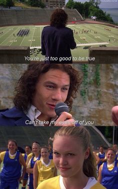 a man holding a microphone next to a girl in front of a football field with the words, you're just too good to be true