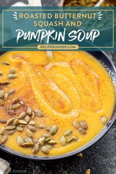 a bowl filled with pumpkin soup and topped with nuts