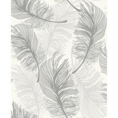 a white and grey wallpaper with feathers on it