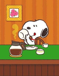 a cartoon dog sitting at a table with coffee