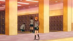 an anime character is standing in front of lockers with their backs turned to the camera