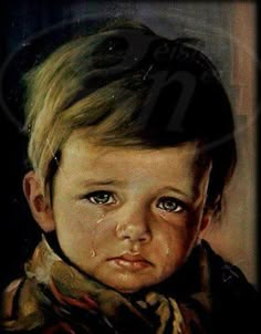 a painting of a young boy with tears on his face