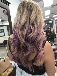 Purple hair, purple balayage, purple ends Purple Ends Hair Blonde, Blonde Purple Balayage, Blonde With Purple Underneath, Light Purple Balayage, Blonde Hair With Purple Underneath, Blonde And Purple Hair, Colored Balayage, Balayage Purple, Purple Hair Tips