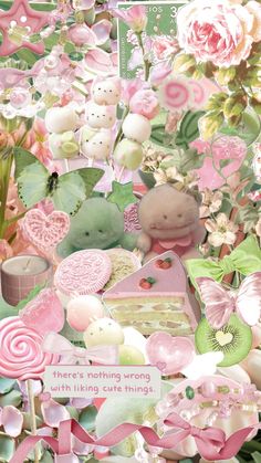 a collage of pink and green flowers, hearts, teddy bears, buttons, and other items