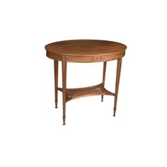 a wooden table with an oval shaped top