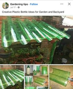 an image of green plastic bottles being used to build a garden shed with plants growing out of it