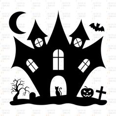 a black and white silhouette of a halloween house with bats, pumpkins and tombstones