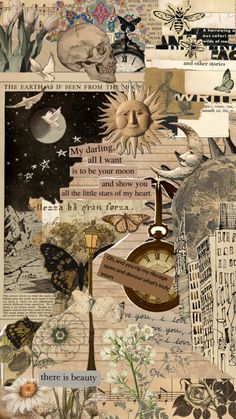 altered collage with many different things on it, including flowers and other things in the background