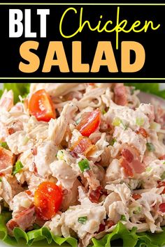 chicken salad with lettuce and tomatoes in a white bowl