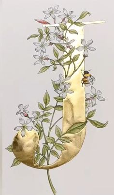 a drawing of a plant with white flowers and a bee sitting on it's side