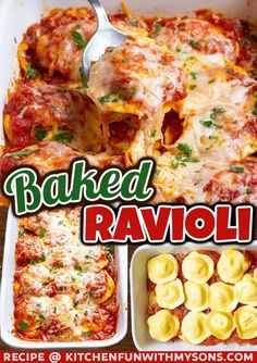 baked ravioli in a casserole dish with the title overlay reading baked ravioli