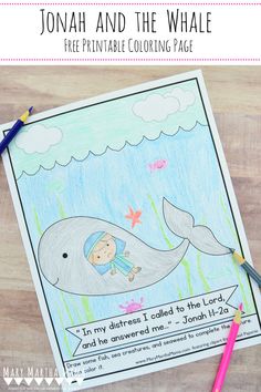 a drawing of a whale with the words, jon and the whale free printable coloring page