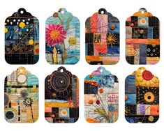 six tags with different patterns and designs on them