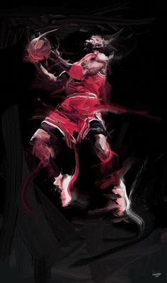 a painting of a basketball player in the air