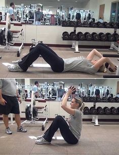 a man and woman doing exercises in the gym