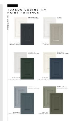 the color scheme for painted cabinetry with different colors and finishes, including dark blue, white