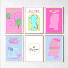 four posters with different types of things on them in pink, blue, and green