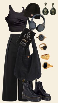 #dark #black #outfitinspo 🌑🎥🖤 Shirt And Wide Leg Pants, All Black Fit, Look Grunge, Loose Long Sleeve, Concert Fits, European Summer, Edgy Outfits, Casual Style Outfits