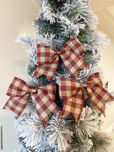 a christmas tree decorated with red and white bows