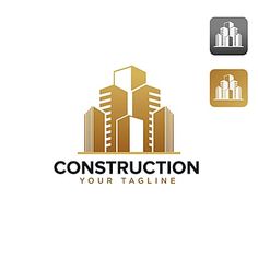 the logo for construction your tagline is shown in gold and gray colors, with two buildings on each side