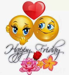 two smiley faces with hearts and flowers in front of the words happy friday on it