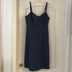 Nwot Spaghetti Straps Navy Blue Polka Dot Dress. Long Side Zipper, Front Button Details, Adjustable Straps. Beautiful Summer Dress!!! Polka Dot Spaghetti Strap Vacation Dress, Polka Dot Sleeveless A-line Dress, Polka Dot Fitted A-line Sleeveless Dress, Knee-length Polka Dot Sleeveless Summer Dress, Navy Polka Dot Dress, Blue Polka Dot Dress Vintage, Sleeveless Cotton Dress, Blue Polka Dot Dress, Beautiful Summer Dresses