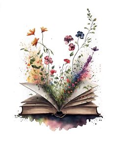 an open book with flowers coming out of it and watercolor splashs on the pages