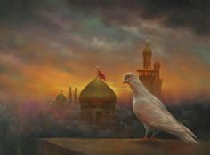 a white bird sitting on top of a ledge in front of a building with domes