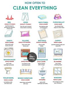 a poster with the words how often to clean everything in different colors and sizes, including white