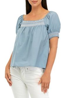 Elevated by a classic square neckline, this posh top from Wonderly is great for casual wear. | Wonderly Women's Peach Rally Peasant Knit Top, Blue, X-Large Trendy Cotton Smocked Top, Cotton Smocked Top With Square Neck, Casual Smocked Top With Square Neck For Spring, Casual Square Neck Smocked Top For Spring, Chic Cotton Top With Smocked Bodice, Chic Cotton Tops With Smocked Bodice, Casual Cotton Square Neck Blouse, Spring Smocked Bodice Top With Square Neck, Spring Top With Smocked Bodice And Square Neck