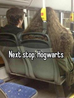 two people sitting on a bus with the caption next stop hogwarts is