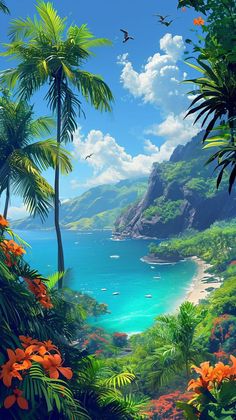 an artist's rendering of a tropical landscape with blue water and palm trees on the shore