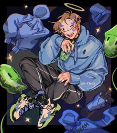 an anime character sitting on the ground surrounded by shoes and other items, with his eyes closed