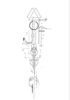 a drawing of a clock with numbers and symbols on it's face, as well as an arrow