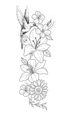 a line drawing of flowers and a bird