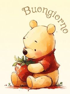 a winnie the pooh bear holding a strawberry on top of it's back