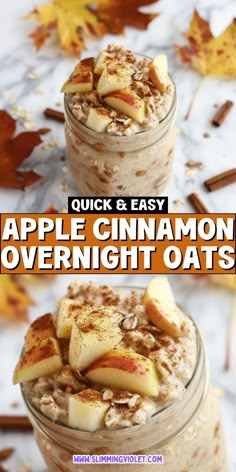 apple cinnamon overnight oatmeal in two mason jars with apples and cinnamon on top