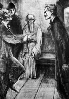 a drawing of three men standing next to each other in front of a man sitting on a bench