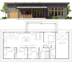 the floor plan for a small cabin with two bedroom and an attached living area, along with