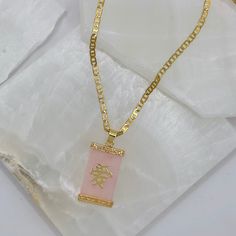 18K gold, stainless steel set with pink jade. wording written on pendant is “love” in the Chinese language Pink Chain Necklaces For Gifts, Pink Gold Chain Jewelry For Gift, Pink Necklace With Gold Chain For Gift, Pink Gold Chain Necklace For Gift, Pink Gold Chain Jewelry Gift, Fuchsia Necklace, Lavender Necklace, Spiritual Necklace, Japanese Jewelry