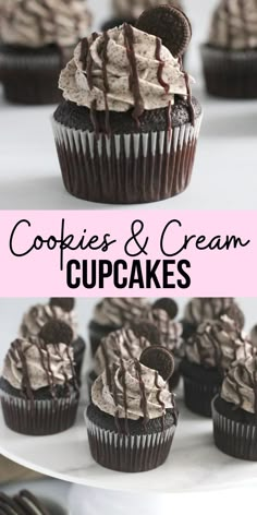 chocolate cupcakes with cream frosting and oreo cookies in the middle on a white plate