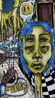 a drawing of a woman with blue hair and green eyes holding a knife in front of her face