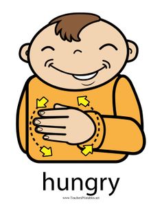 an image of a boy that is smiling and holding his hands up to the word hungry