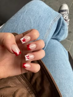 White And Red Nails With Designs, White Nails With Red Stars, Cute Nail Designs Red, Nail Inspo School, Red And White French Nails, Red Simple Nails, Red And White Nail Ideas, White Red Nails, Red And White Nail Designs